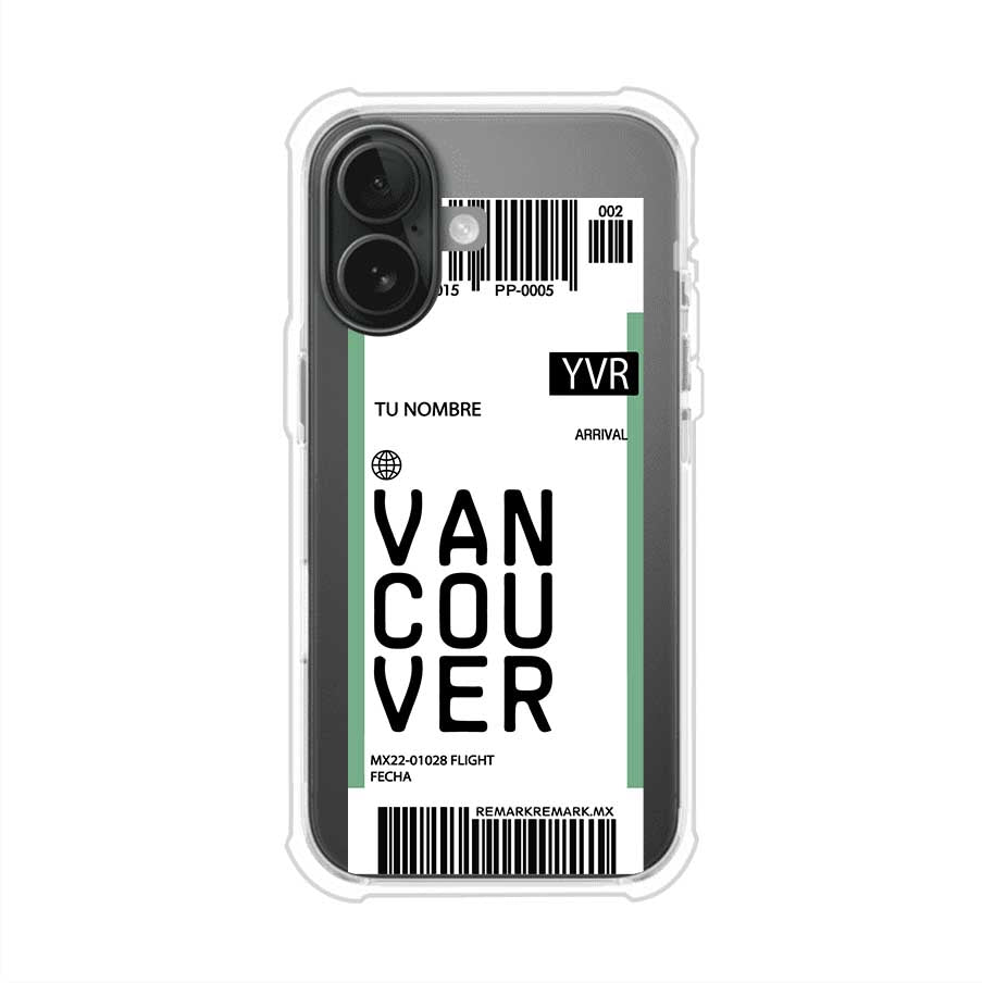 Funda personalizada estilo pase de abordar con diseño de Vancouver y código YVR, personalizable con nombre y datos de vuelo; producto de Remark MX para iPhone