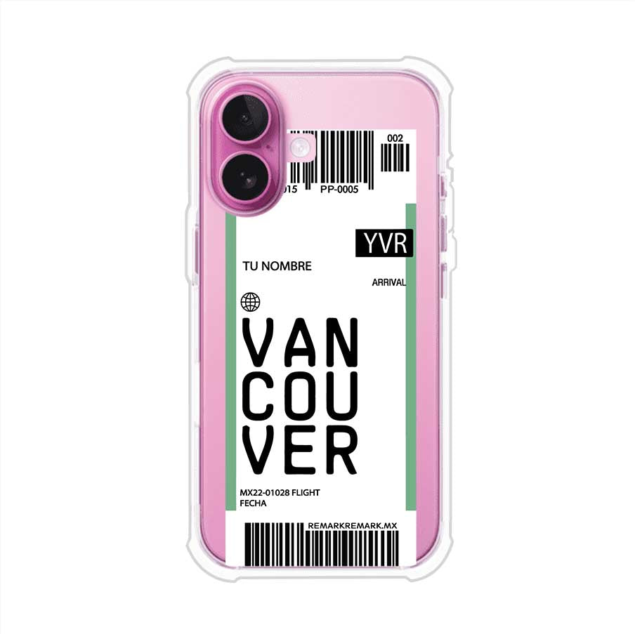 Funda personalizada estilo pase de abordar con diseño de Vancouver y código YVR, personalizable con nombre y datos de vuelo; producto de Remark MX para iPhone