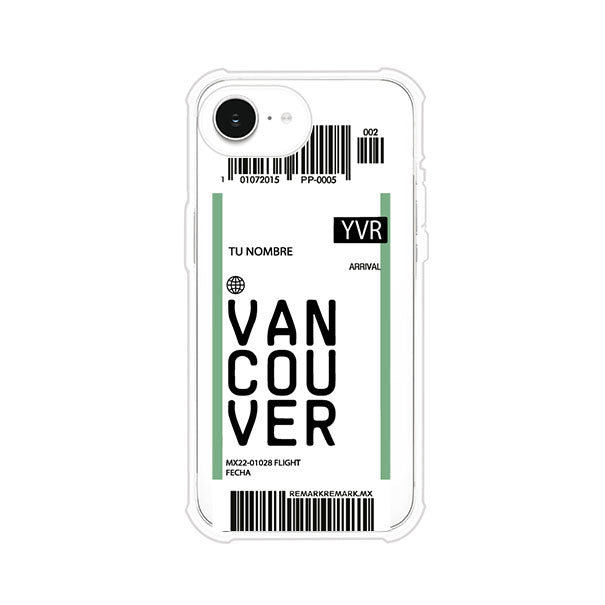 Funda personalizada estilo pase de abordar con diseño de Vancouver y código YVR, personalizable con nombre y datos de vuelo; producto de Remark MX para iPhone