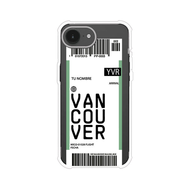 Funda personalizada estilo pase de abordar con diseño de Vancouver y código YVR, personalizable con nombre y datos de vuelo; producto de Remark MX para iPhone