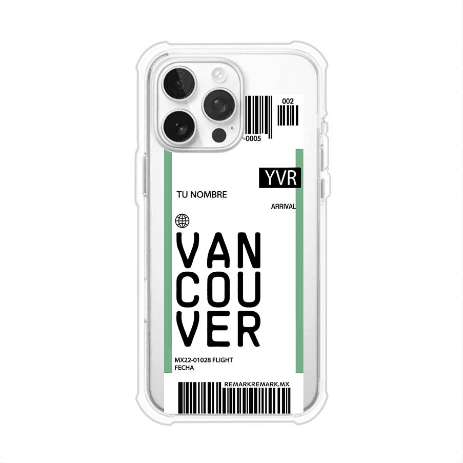 Funda personalizada estilo pase de abordar con diseño de Vancouver y código YVR, personalizable con nombre y datos de vuelo; producto de Remark MX para iPhone