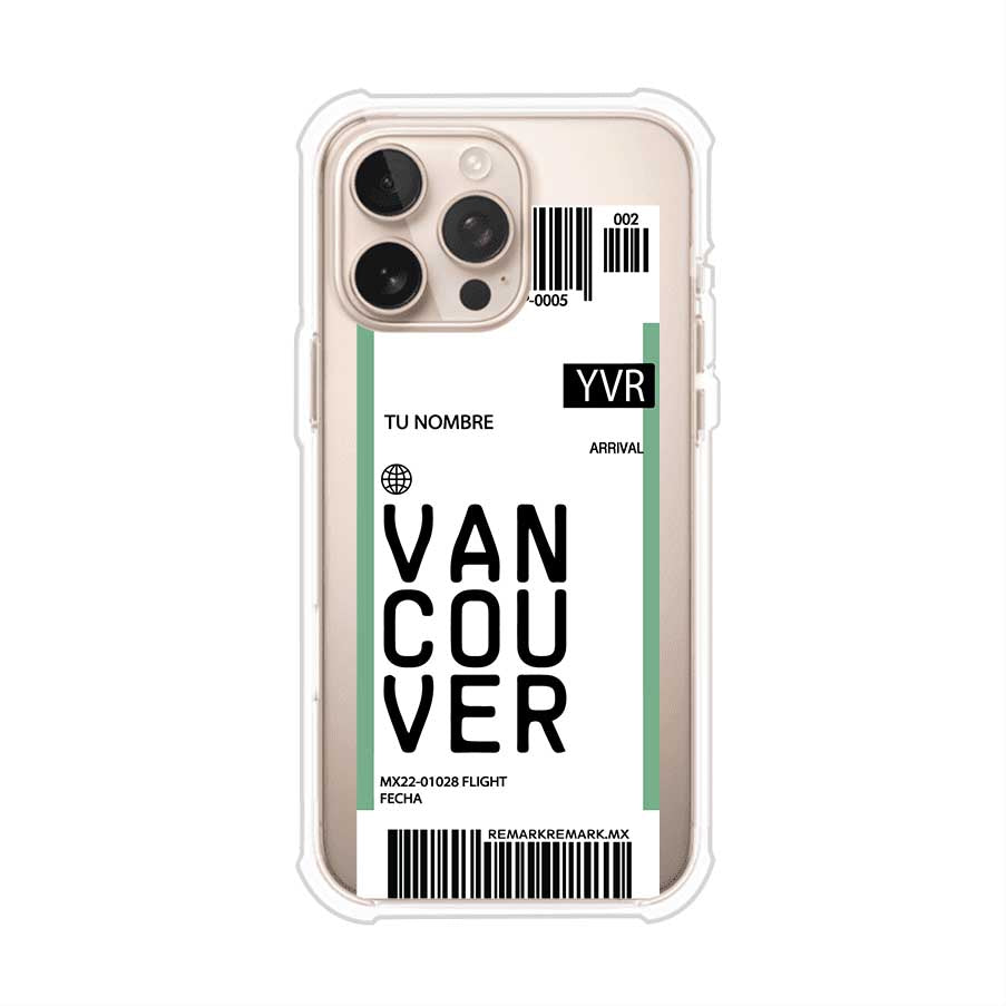 Funda personalizada estilo pase de abordar con diseño de Vancouver y código YVR, personalizable con nombre y datos de vuelo; producto de Remark MX para iPhone