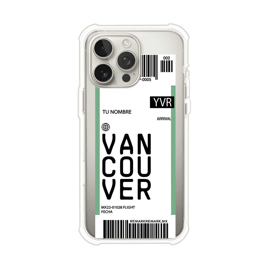 Funda personalizada estilo pase de abordar con diseño de Vancouver y código YVR, personalizable con nombre y datos de vuelo; producto de Remark MX para iPhone
