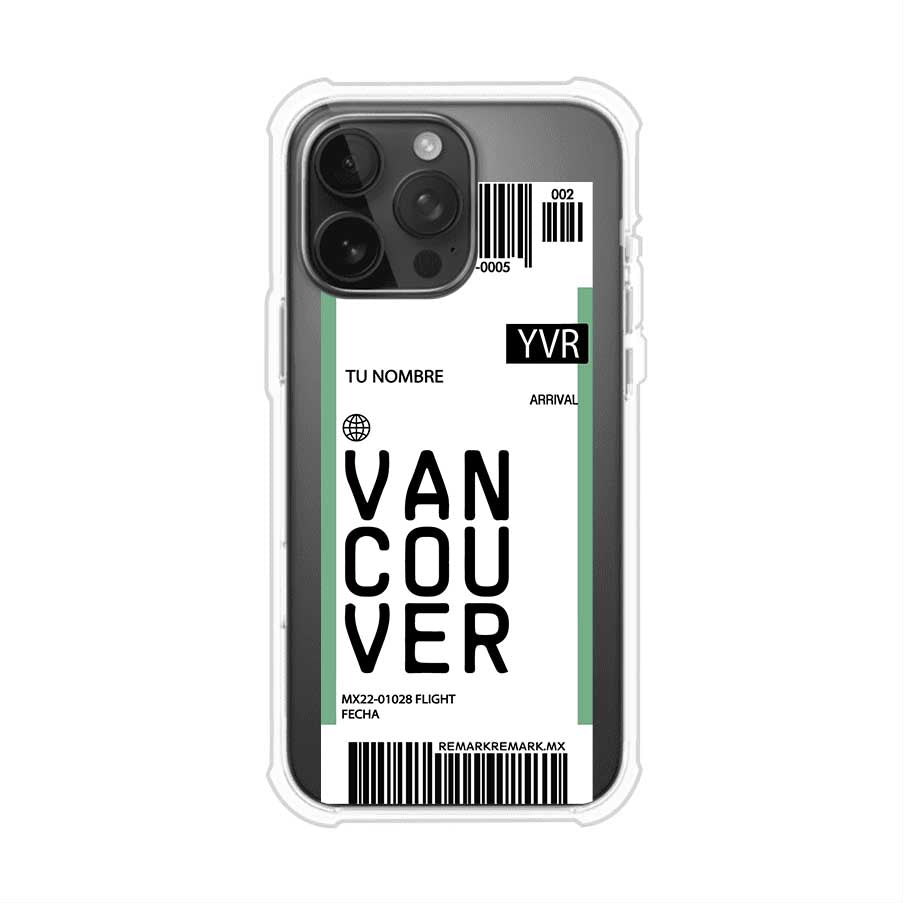 Funda personalizada estilo pase de abordar con diseño de Vancouver y código YVR, personalizable con nombre y datos de vuelo; producto de Remark MX para iPhone
