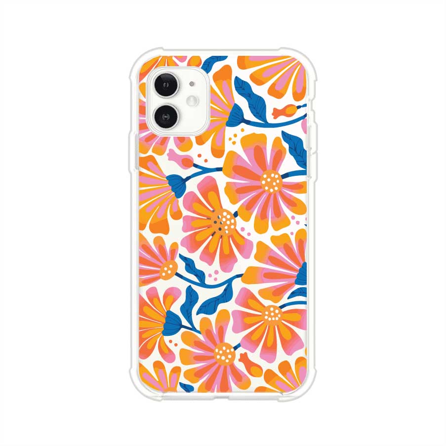 Funda personalizada para iPhone con diseño floral estilo Sunset Blossom en tonos naranjas, rosas y azules. Ideal para primavera/verano, producto de Remark MX