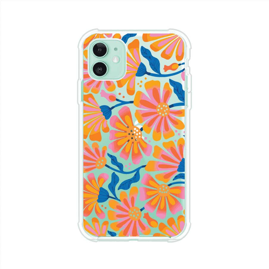 Funda personalizada para iPhone con diseño floral estilo Sunset Blossom en tonos naranjas, rosas y azules. Ideal para primavera/verano, producto de Remark MX