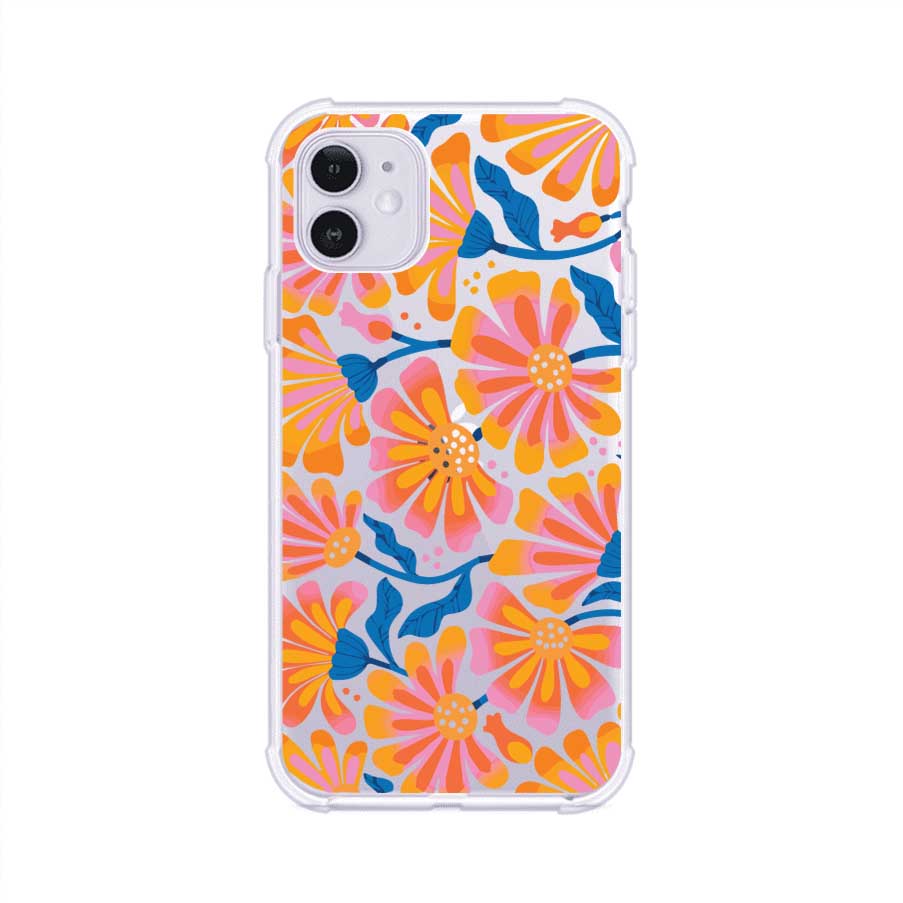 Funda personalizada para iPhone con diseño floral estilo Sunset Blossom en tonos naranjas, rosas y azules. Ideal para primavera/verano, producto de Remark MX