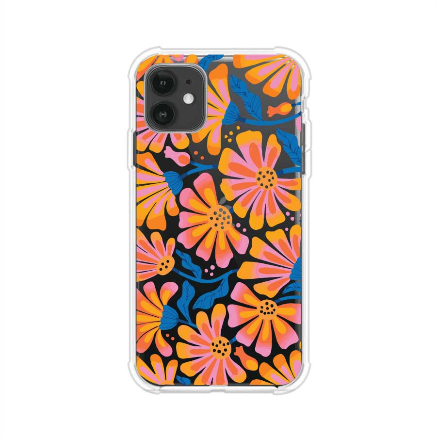 Funda personalizada para iPhone con diseño floral estilo Sunset Blossom en tonos naranjas, rosas y azules. Ideal para primavera/verano, producto de Remark MX