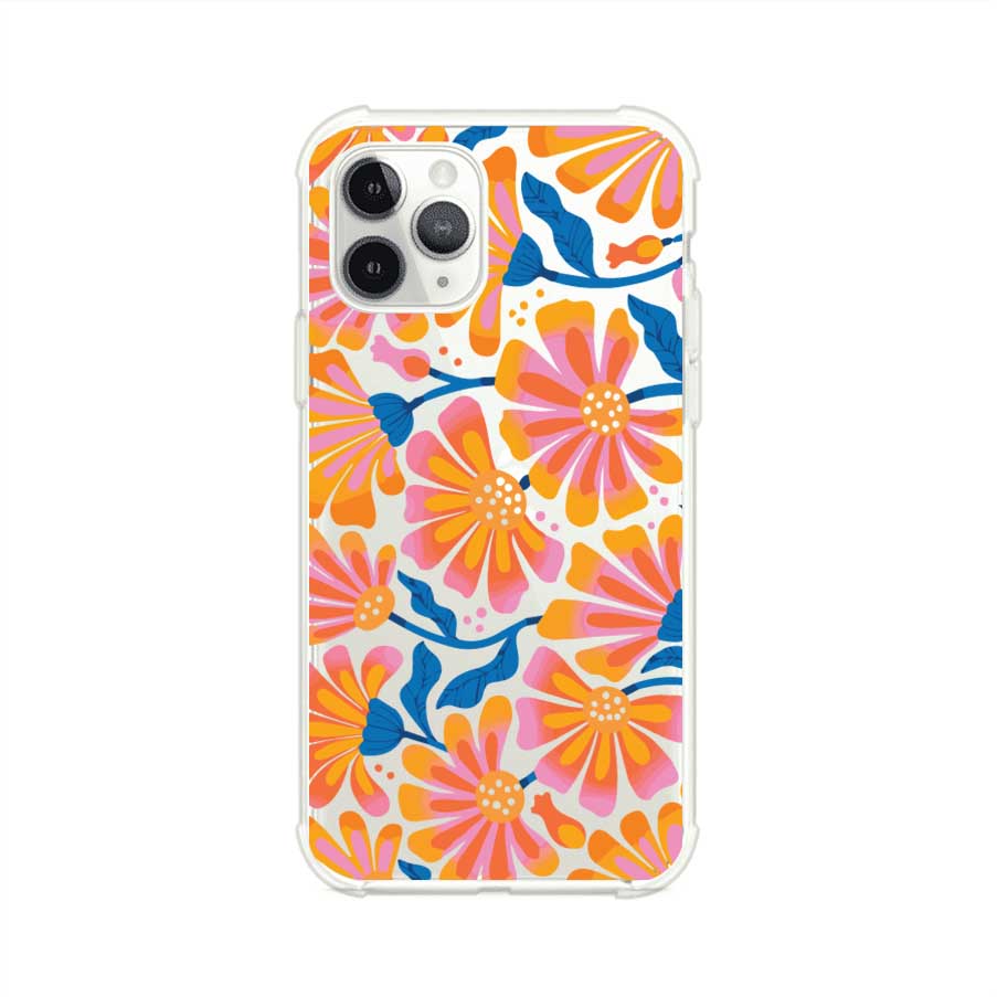 Funda personalizada para iPhone con diseño floral estilo Sunset Blossom en tonos naranjas, rosas y azules. Ideal para primavera/verano, producto de Remark MX