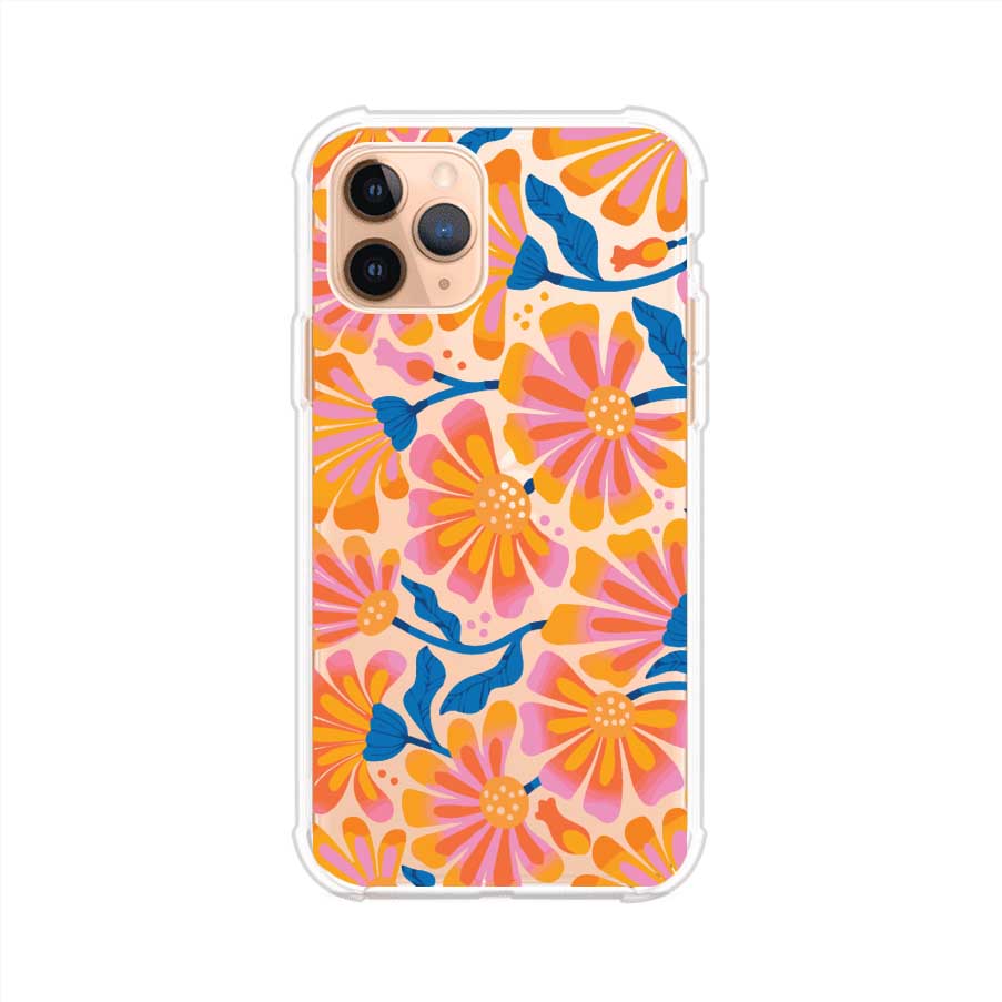 Funda personalizada para iPhone con diseño floral estilo Sunset Blossom en tonos naranjas, rosas y azules. Ideal para primavera/verano, producto de Remark MX