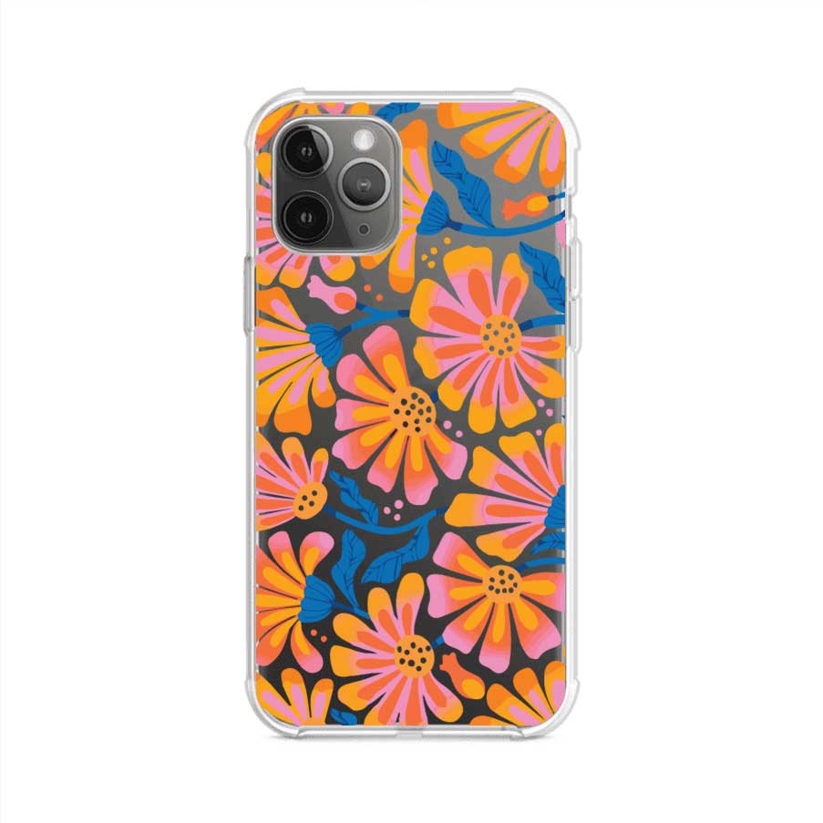 Funda personalizada para iPhone con diseño floral estilo Sunset Blossom en tonos naranjas, rosas y azules. Ideal para primavera/verano, producto de Remark MX