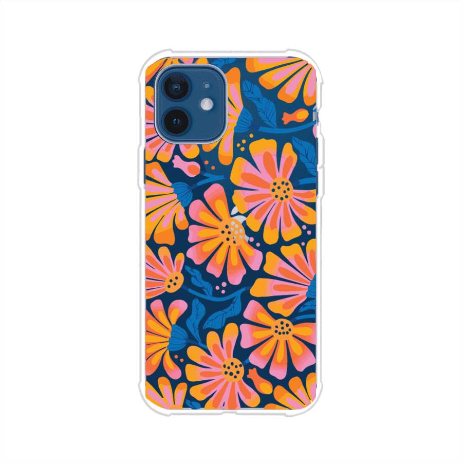 Funda personalizada para iPhone con diseño floral estilo Sunset Blossom en tonos naranjas, rosas y azules. Ideal para primavera/verano, producto de Remark MX