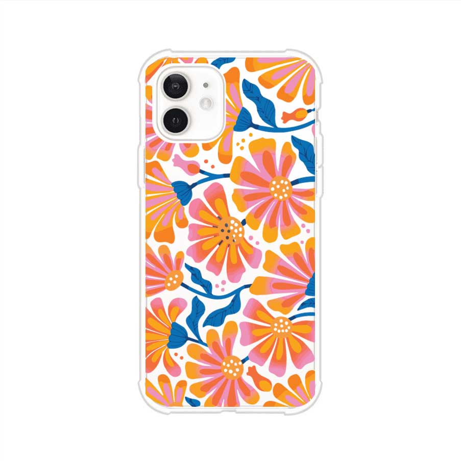 Funda personalizada para iPhone con diseño floral estilo Sunset Blossom en tonos naranjas, rosas y azules. Ideal para primavera/verano, producto de Remark MX