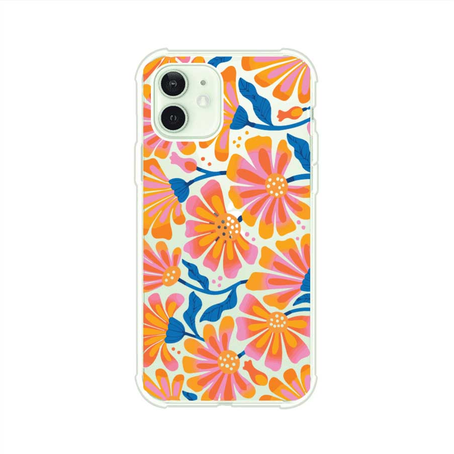 Funda personalizada para iPhone con diseño floral estilo Sunset Blossom en tonos naranjas, rosas y azules. Ideal para primavera/verano, producto de Remark MX