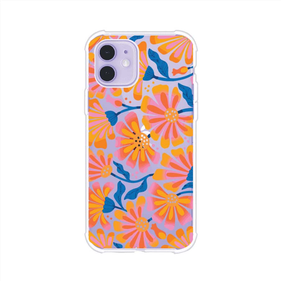 Funda personalizada para iPhone con diseño floral estilo Sunset Blossom en tonos naranjas, rosas y azules. Ideal para primavera/verano, producto de Remark MX
