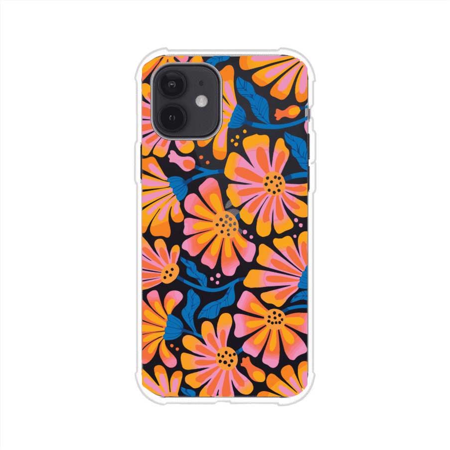 Funda personalizada para iPhone con diseño floral estilo Sunset Blossom en tonos naranjas, rosas y azules. Ideal para primavera/verano, producto de Remark MX