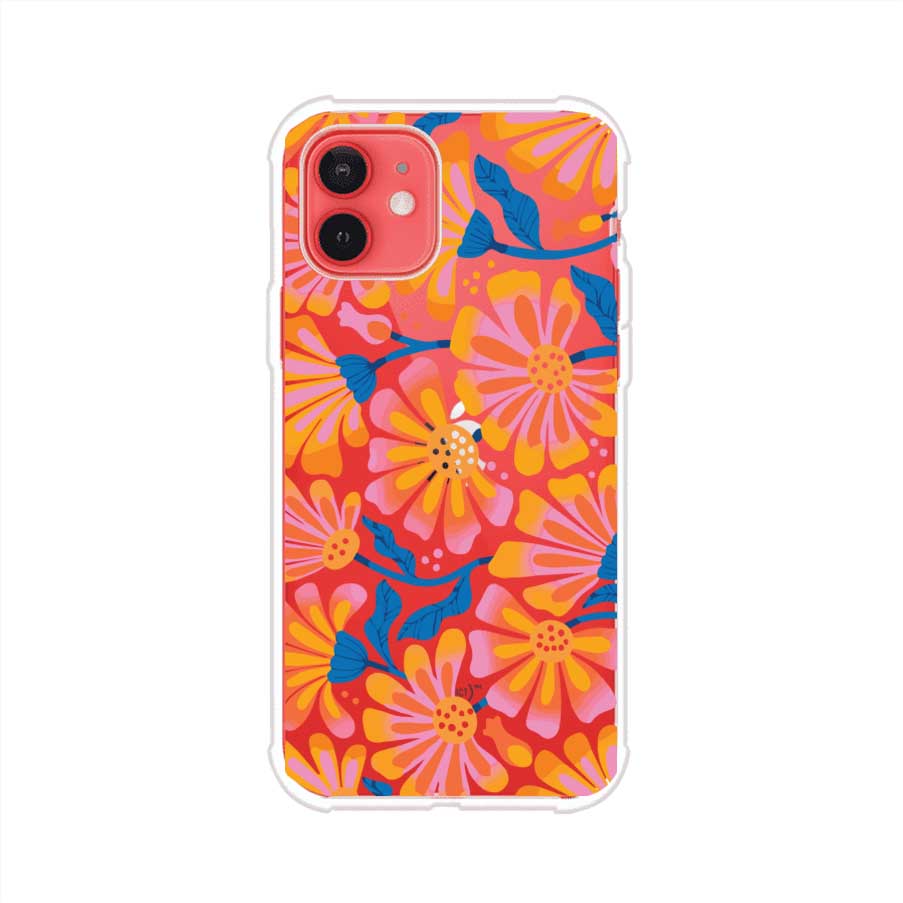 Funda personalizada para iPhone con diseño floral estilo Sunset Blossom en tonos naranjas, rosas y azules. Ideal para primavera/verano, producto de Remark MX