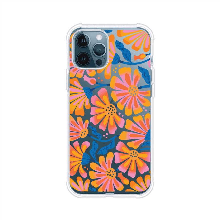 Funda personalizada para iPhone con diseño floral estilo Sunset Blossom en tonos naranjas, rosas y azules. Ideal para primavera/verano, producto de Remark MX