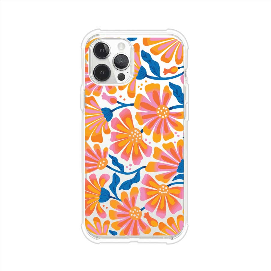 Funda personalizada para iPhone con diseño floral estilo Sunset Blossom en tonos naranjas, rosas y azules. Ideal para primavera/verano, producto de Remark MX
