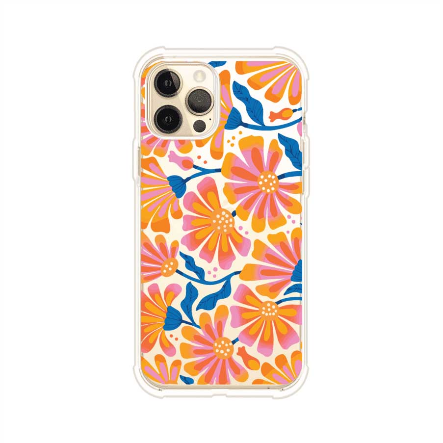 Funda personalizada para iPhone con diseño floral estilo Sunset Blossom en tonos naranjas, rosas y azules. Ideal para primavera/verano, producto de Remark MX