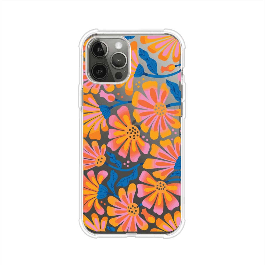 Funda personalizada para iPhone con diseño floral estilo Sunset Blossom en tonos naranjas, rosas y azules. Ideal para primavera/verano, producto de Remark MX
