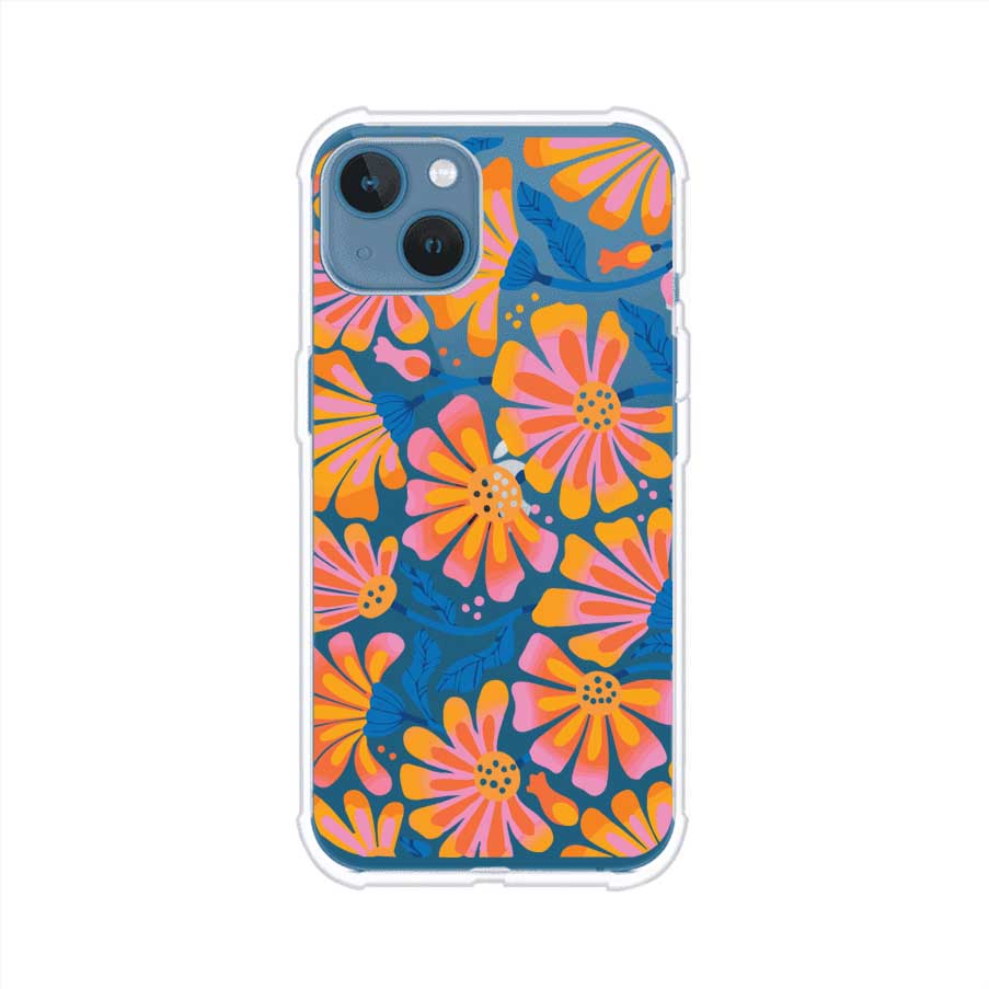 Funda personalizada para iPhone con diseño floral estilo Sunset Blossom en tonos naranjas, rosas y azules. Ideal para primavera/verano, producto de Remark MX