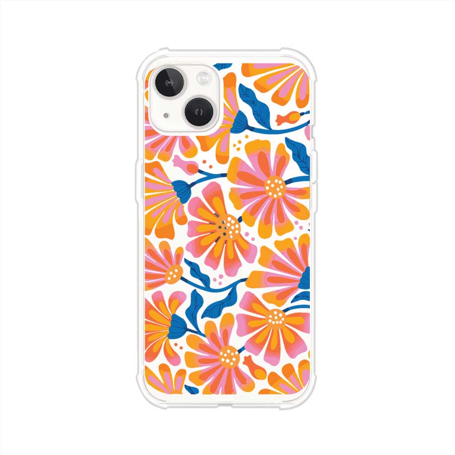 Funda personalizada para iPhone con diseño floral estilo Sunset Blossom en tonos naranjas, rosas y azules. Ideal para primavera/verano, producto de Remark MX