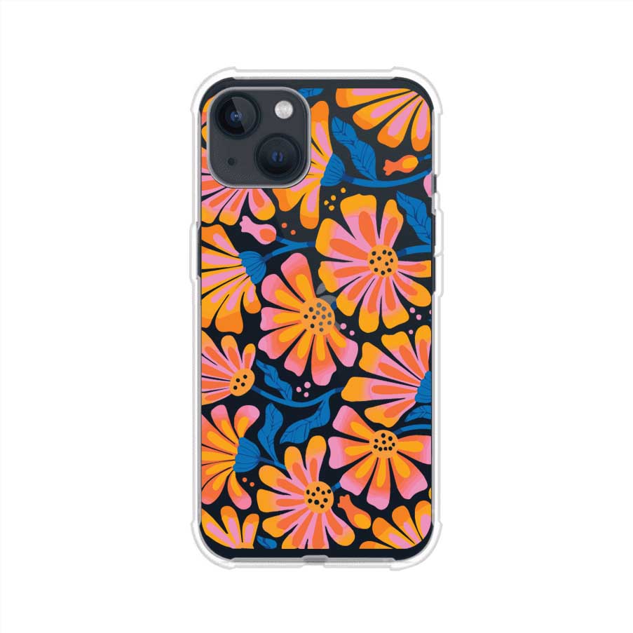 Funda personalizada para iPhone con diseño floral estilo Sunset Blossom en tonos naranjas, rosas y azules. Ideal para primavera/verano, producto de Remark MX
