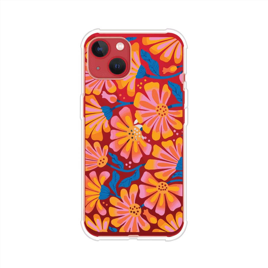 Funda personalizada para iPhone con diseño floral estilo Sunset Blossom en tonos naranjas, rosas y azules. Ideal para primavera/verano, producto de Remark MX