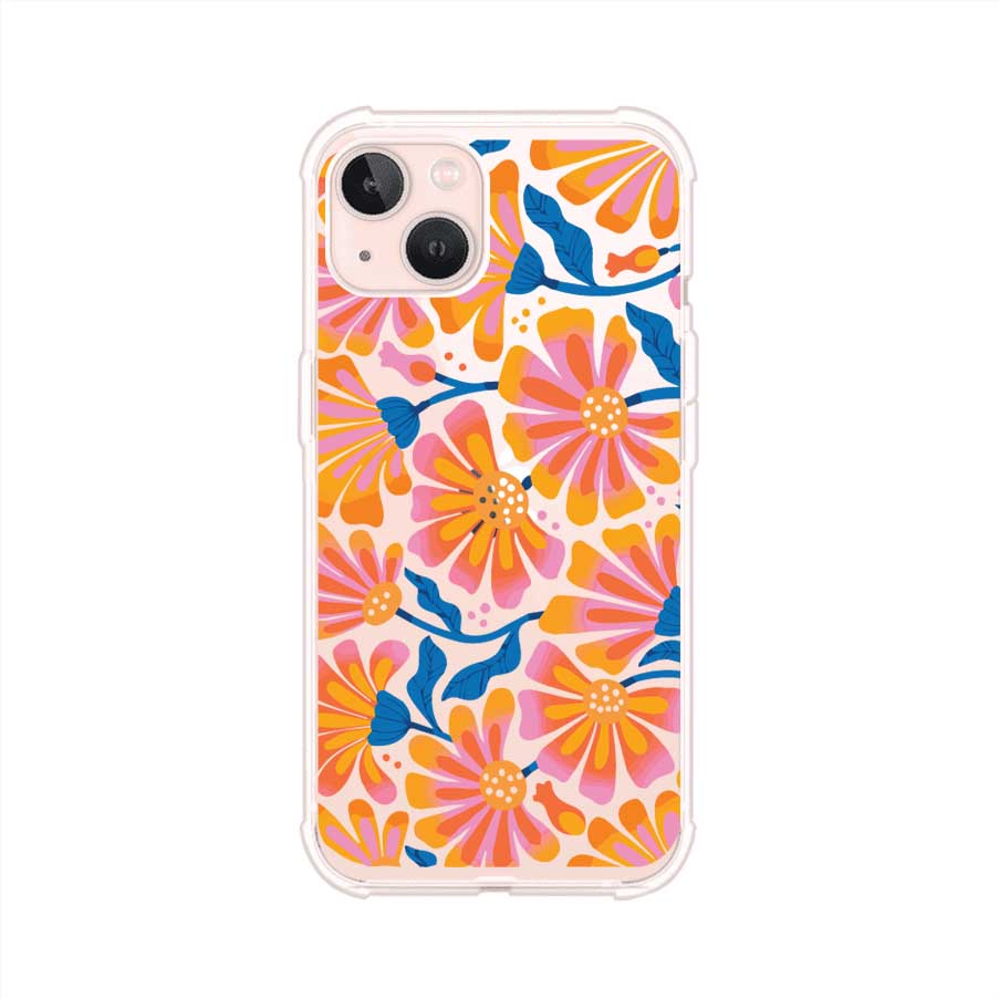 Funda personalizada para iPhone con diseño floral estilo Sunset Blossom en tonos naranjas, rosas y azules. Ideal para primavera/verano, producto de Remark MX