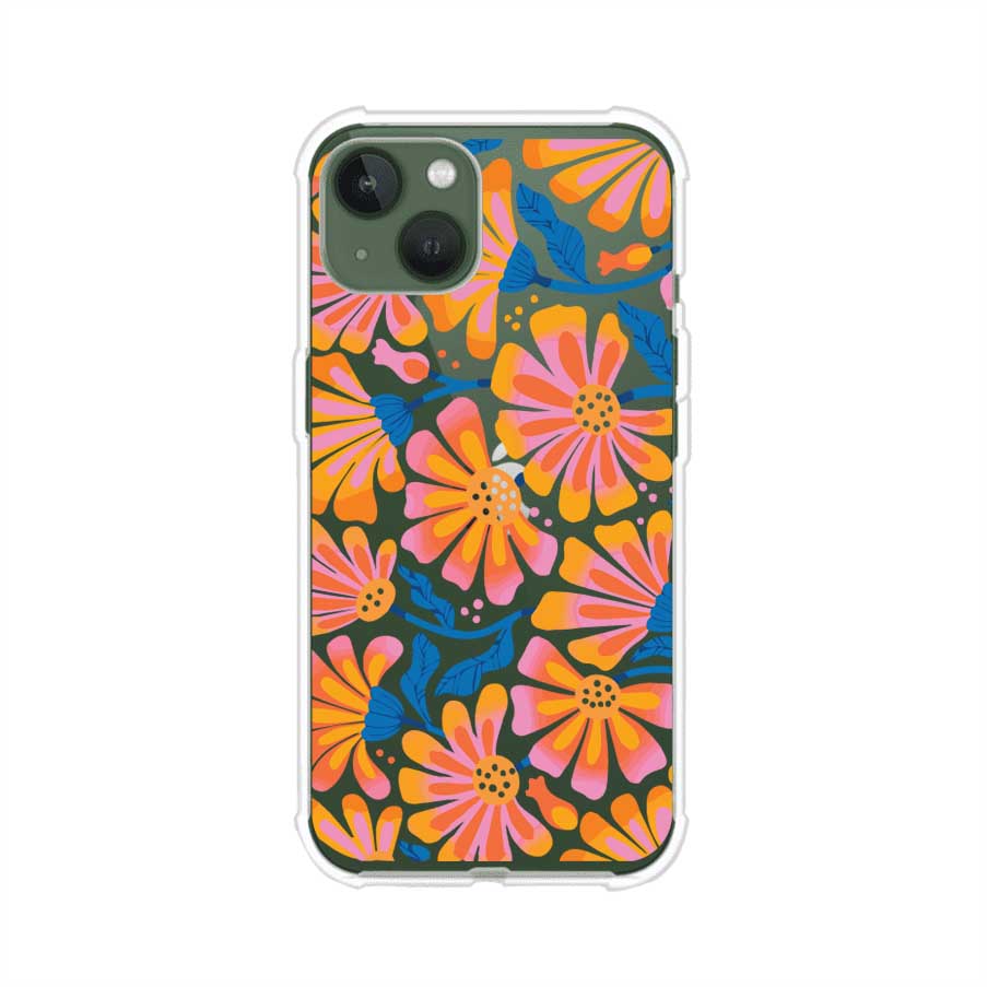 Funda personalizada para iPhone con diseño floral estilo Sunset Blossom en tonos naranjas, rosas y azules. Ideal para primavera/verano, producto de Remark MX