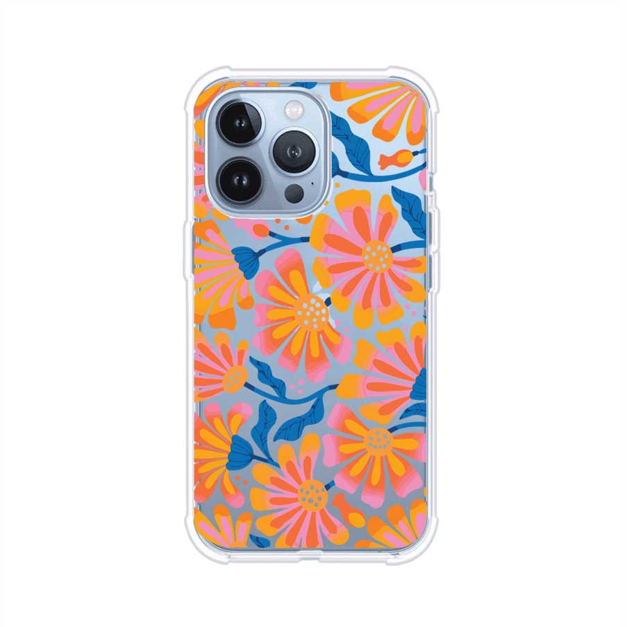 Funda personalizada para iPhone con diseño floral estilo Sunset Blossom en tonos naranjas, rosas y azules. Ideal para primavera/verano, producto de Remark MX