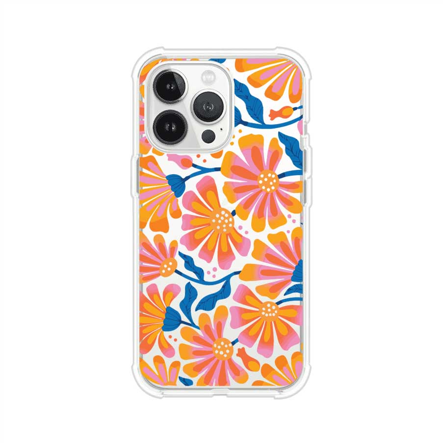 Funda personalizada para iPhone con diseño floral estilo Sunset Blossom en tonos naranjas, rosas y azules. Ideal para primavera/verano, producto de Remark MX