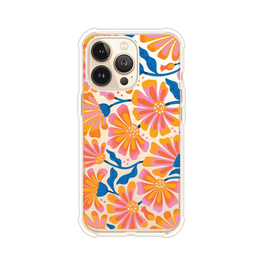 Funda personalizada para iPhone con diseño floral estilo Sunset Blossom en tonos naranjas, rosas y azules. Ideal para primavera/verano, producto de Remark MX