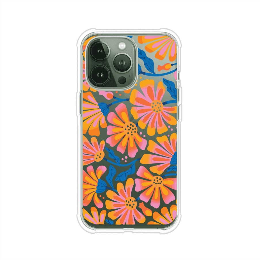 Funda personalizada para iPhone con diseño floral estilo Sunset Blossom en tonos naranjas, rosas y azules. Ideal para primavera/verano, producto de Remark MX