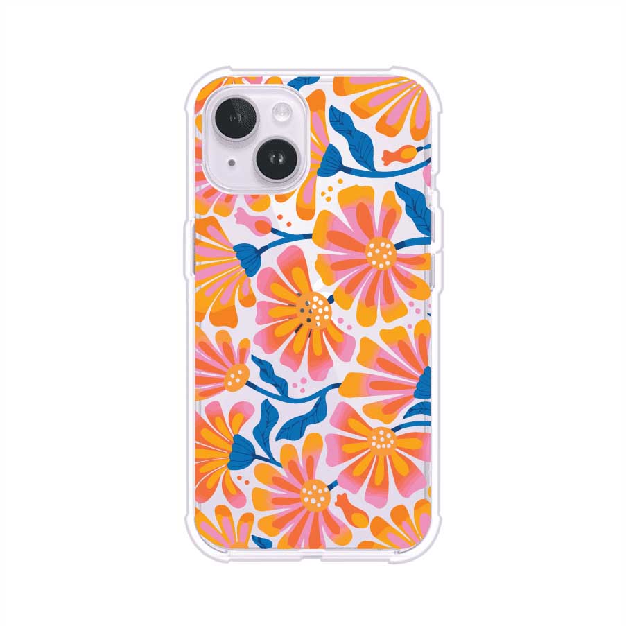 Funda personalizada para iPhone con diseño floral estilo Sunset Blossom en tonos naranjas, rosas y azules. Ideal para primavera/verano, producto de Remark MX