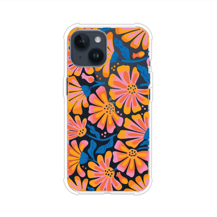 Funda personalizada para iPhone con diseño floral estilo Sunset Blossom en tonos naranjas, rosas y azules. Ideal para primavera/verano, producto de Remark MX
