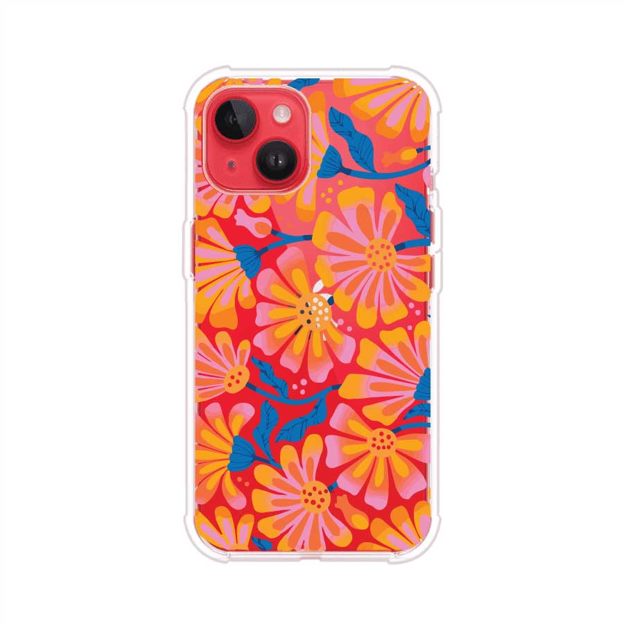 Funda personalizada para iPhone con diseño floral estilo Sunset Blossom en tonos naranjas, rosas y azules. Ideal para primavera/verano, producto de Remark MX