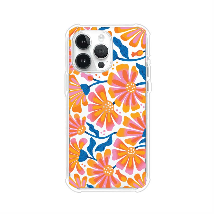 Funda personalizada para iPhone con diseño floral estilo Sunset Blossom en tonos naranjas, rosas y azules. Ideal para primavera/verano, producto de Remark MX