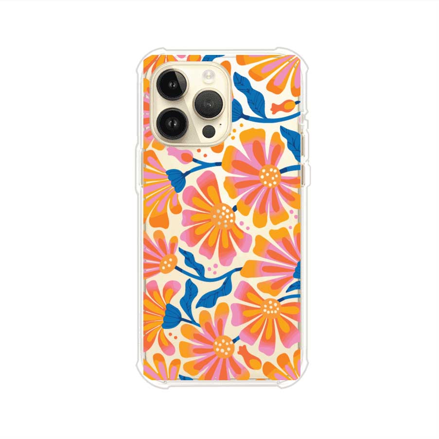 Funda personalizada para iPhone con diseño floral estilo Sunset Blossom en tonos naranjas, rosas y azules. Ideal para primavera/verano, producto de Remark MX
