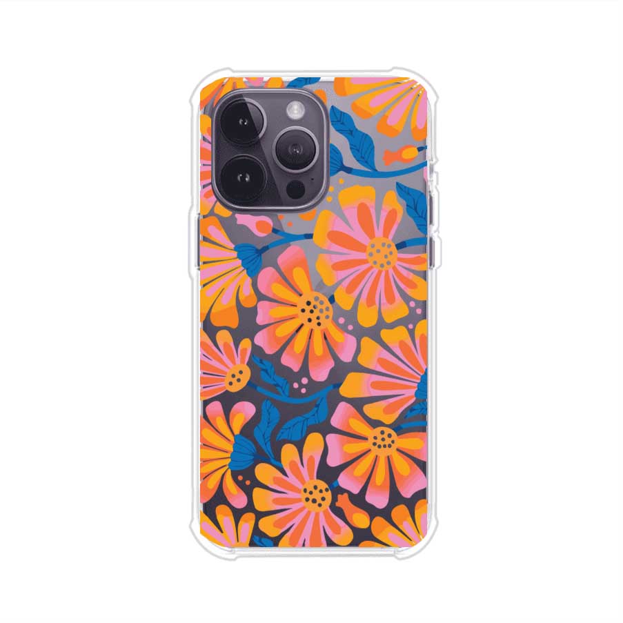 Funda personalizada para iPhone con diseño floral estilo Sunset Blossom en tonos naranjas, rosas y azules. Ideal para primavera/verano, producto de Remark MX