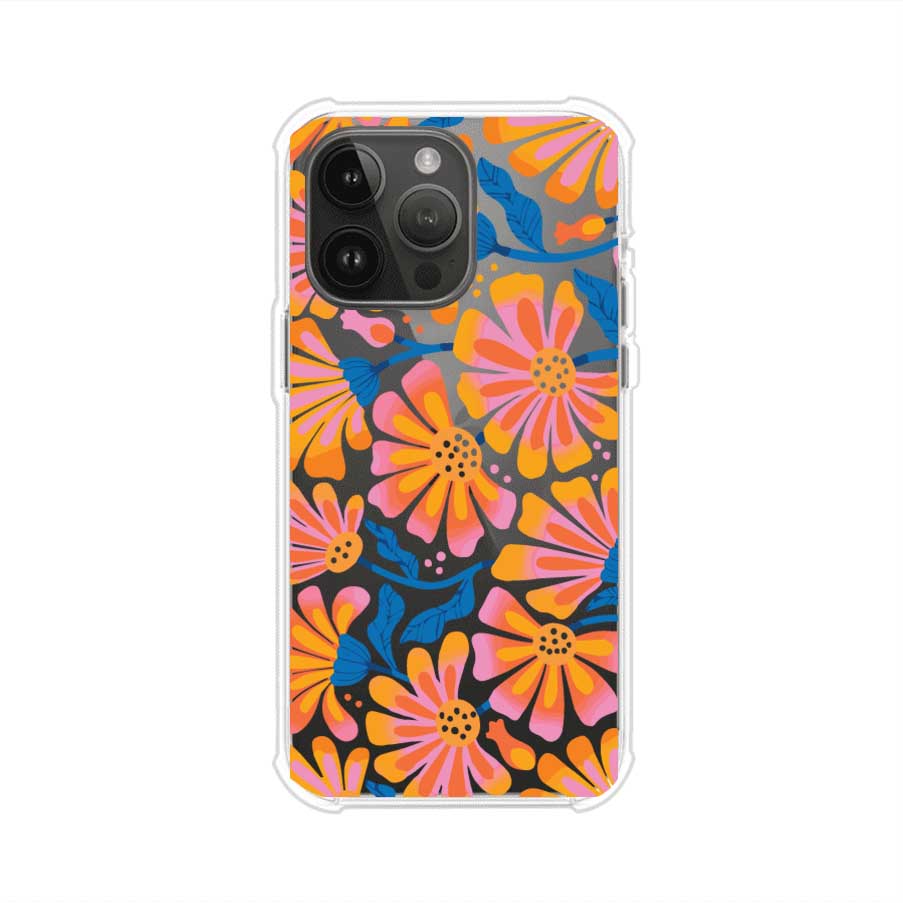 Funda personalizada para iPhone con diseño floral estilo Sunset Blossom en tonos naranjas, rosas y azules. Ideal para primavera/verano, producto de Remark MX