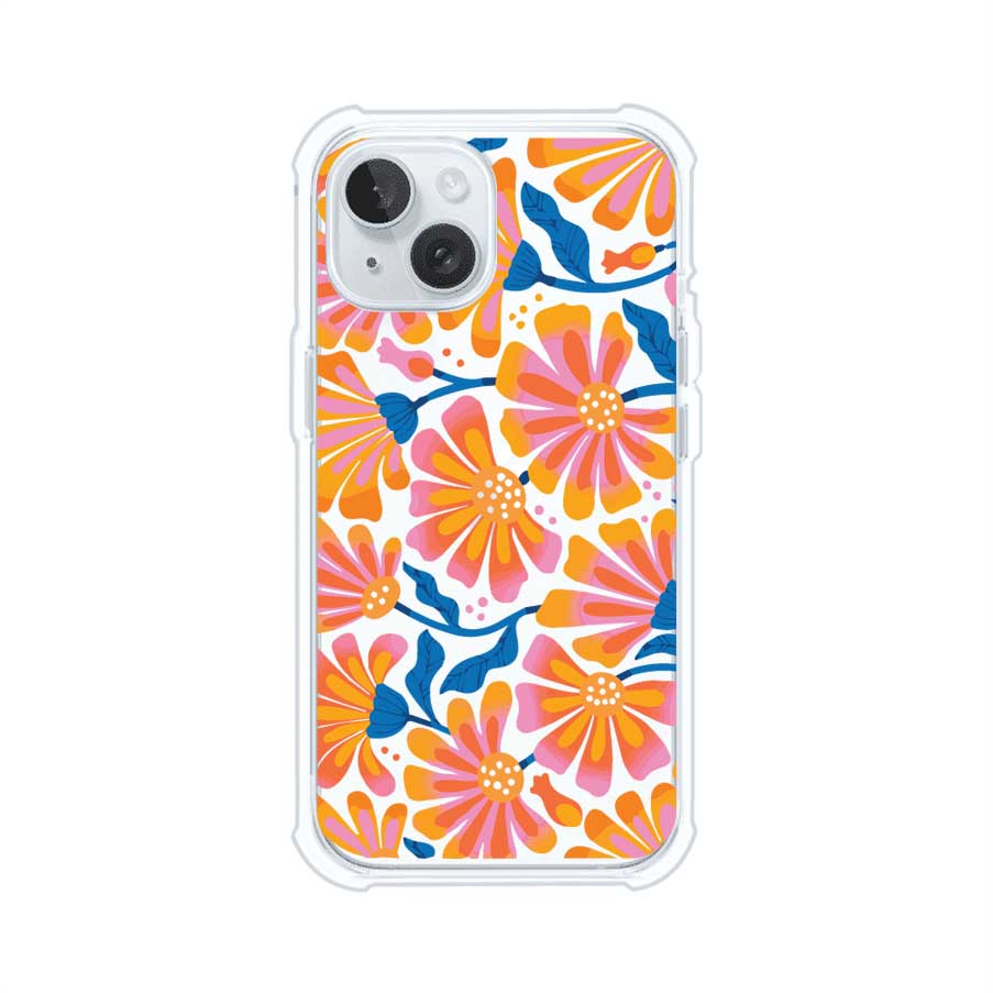 Funda personalizada para iPhone con diseño floral estilo Sunset Blossom en tonos naranjas, rosas y azules. Ideal para primavera/verano, producto de Remark MX