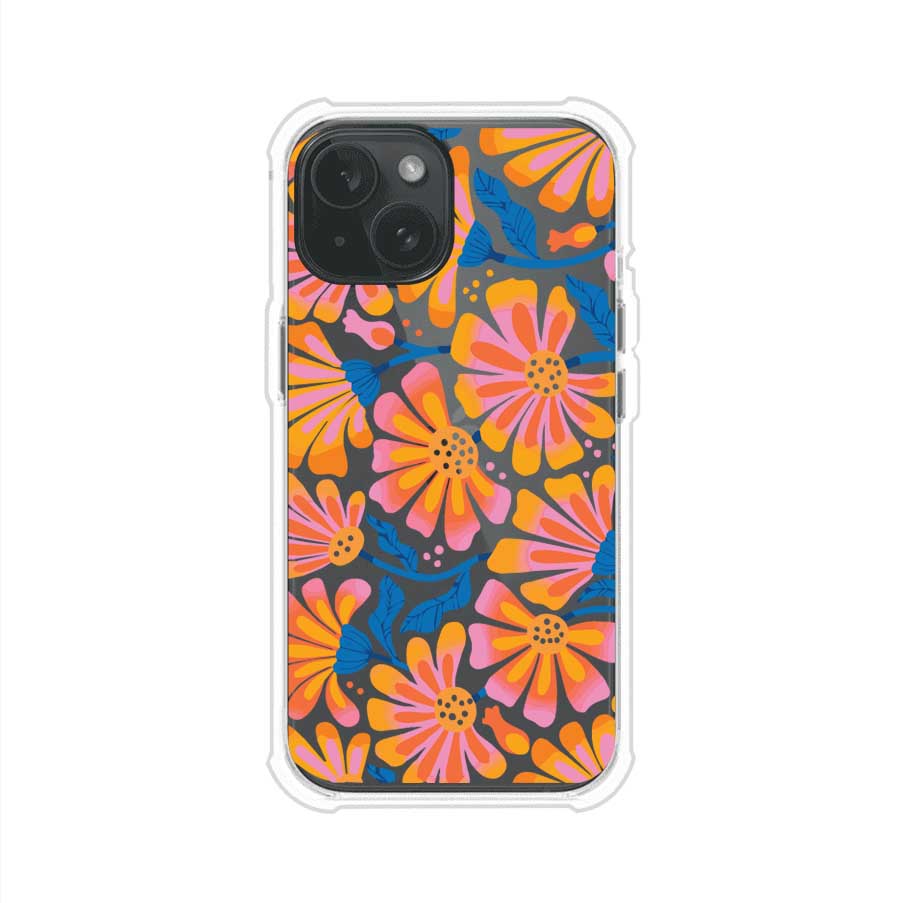 Funda personalizada para iPhone con diseño floral estilo Sunset Blossom en tonos naranjas, rosas y azules. Ideal para primavera/verano, producto de Remark MX