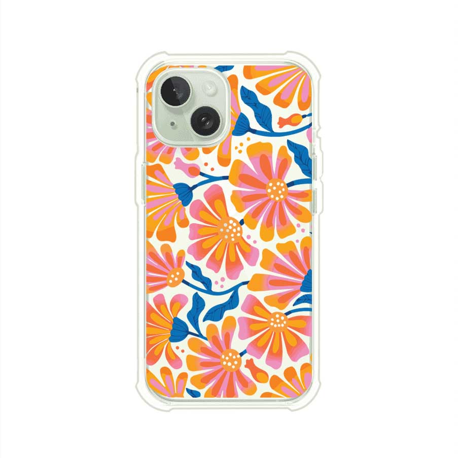 Funda personalizada para iPhone con diseño floral estilo Sunset Blossom en tonos naranjas, rosas y azules. Ideal para primavera/verano, producto de Remark MX