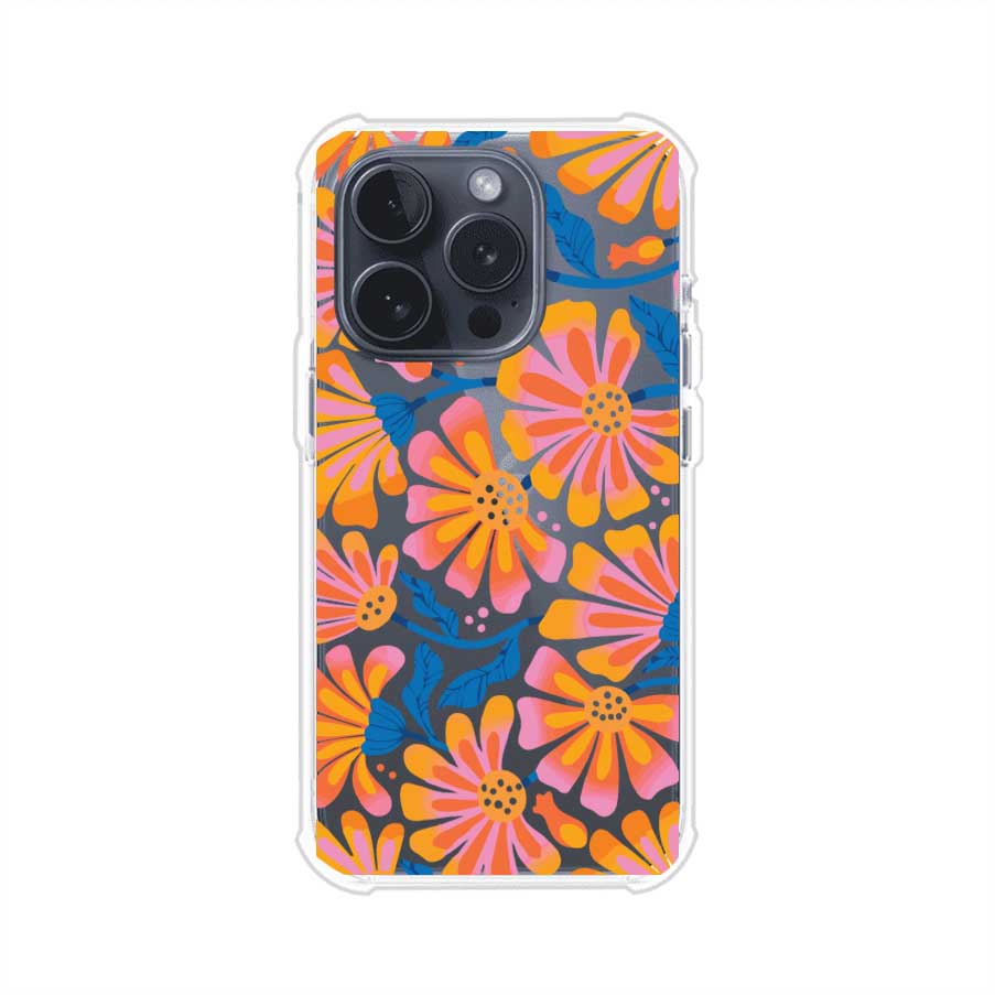 Funda personalizada para iPhone con diseño floral estilo Sunset Blossom en tonos naranjas, rosas y azules. Ideal para primavera/verano, producto de Remark MX