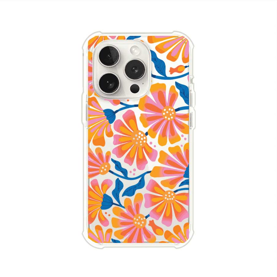 Funda personalizada para iPhone con diseño floral estilo Sunset Blossom en tonos naranjas, rosas y azules. Ideal para primavera/verano, producto de Remark MX