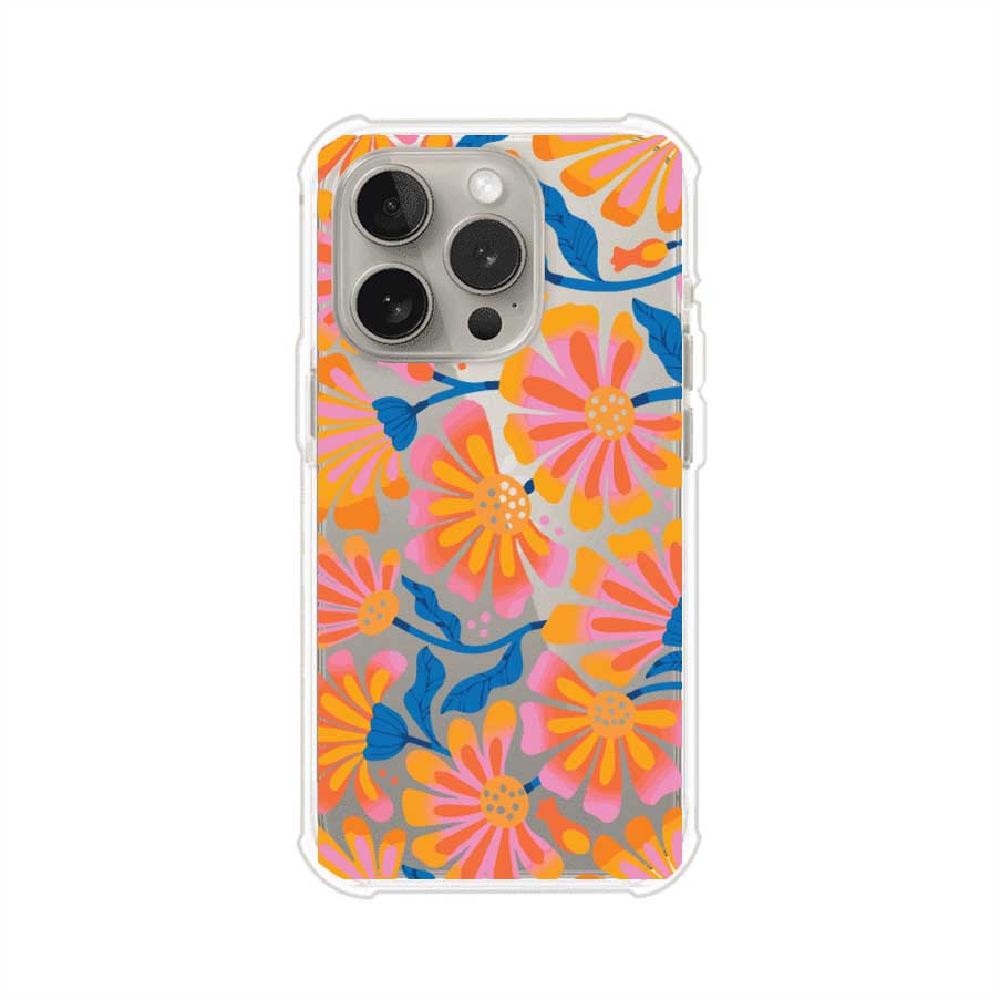 Funda personalizada para iPhone con diseño floral estilo Sunset Blossom en tonos naranjas, rosas y azules. Ideal para primavera/verano, producto de Remark MX