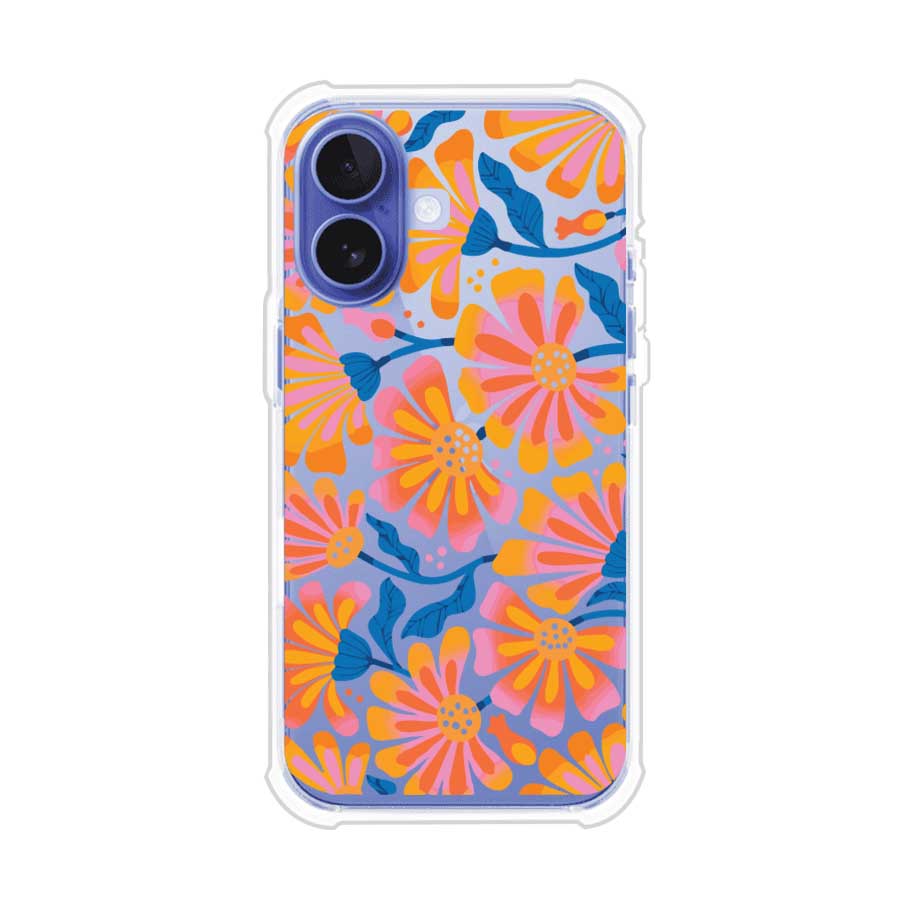 Funda personalizada para iPhone con diseño floral estilo Sunset Blossom en tonos naranjas, rosas y azules. Ideal para primavera/verano, producto de Remark MX