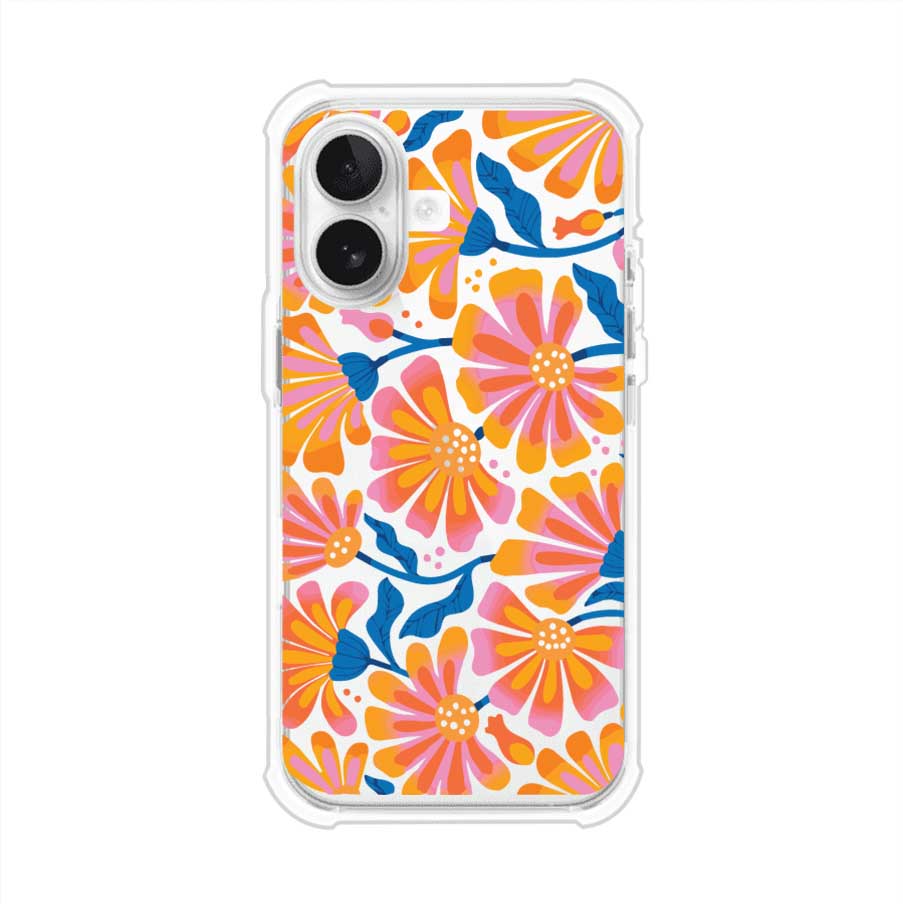 Funda personalizada para iPhone con diseño floral estilo Sunset Blossom en tonos naranjas, rosas y azules. Ideal para primavera/verano, producto de Remark MX